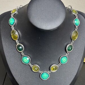 Elegant Silver Necklace Silver Tone Green Accents